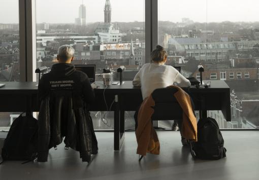 two students in a library